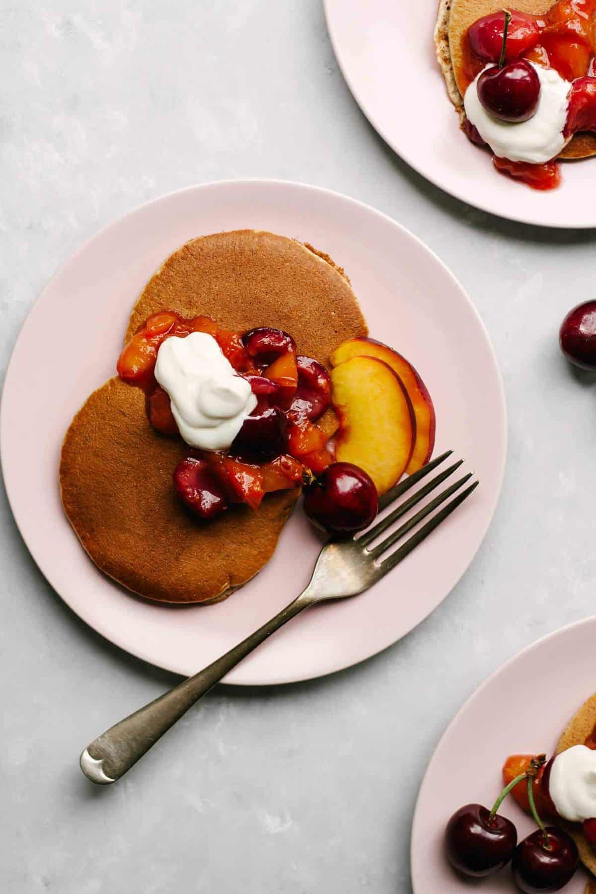 Almond Butter Pancakes With Cherry Nectarine Compote Eat Love Eat